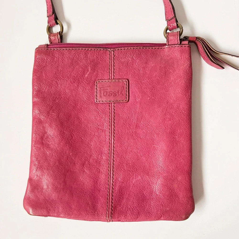 Fossil Crossbody Bag Small Pink Leather Floral Embossed Zip Pocket Adjustable